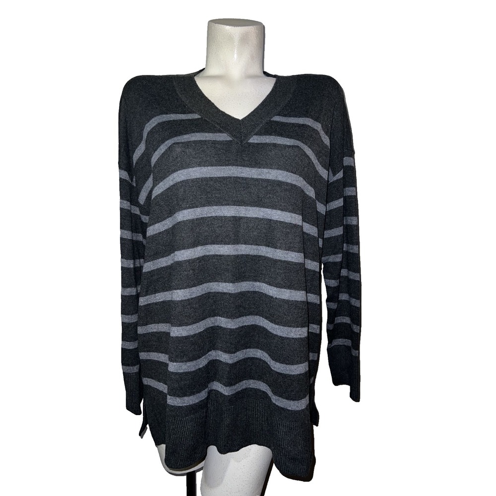 New LOFT Gray Striped V-Neck Sweater Womens XL Long Sleeve Pullover Knit Top NWT